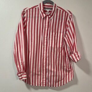 J. Crew Red and White Striped Women's Button Down Shirt Medium 100% cotton 6129